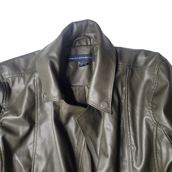 French Connection Moto Green Faux Leather Jacket LARGE - Picture 4 of 6